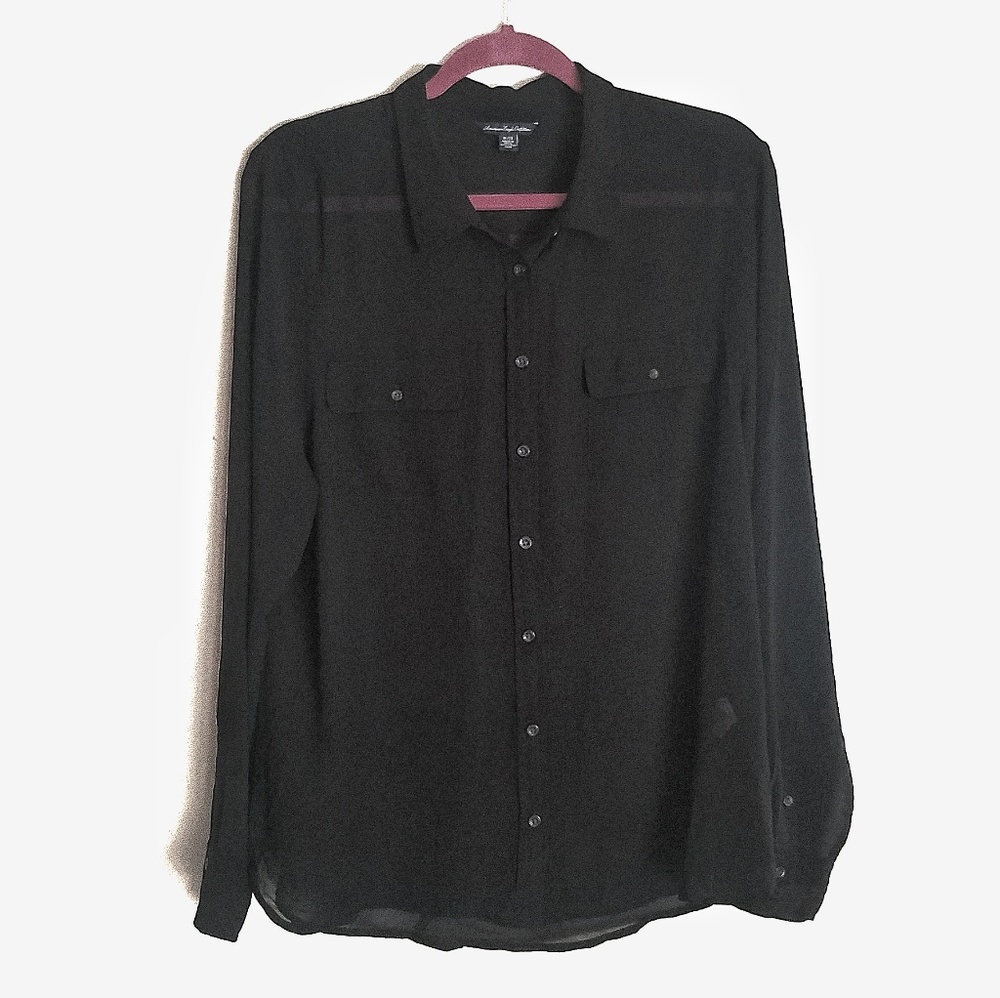 AEO Sheer Black Button Down Long Sleeve Blouse